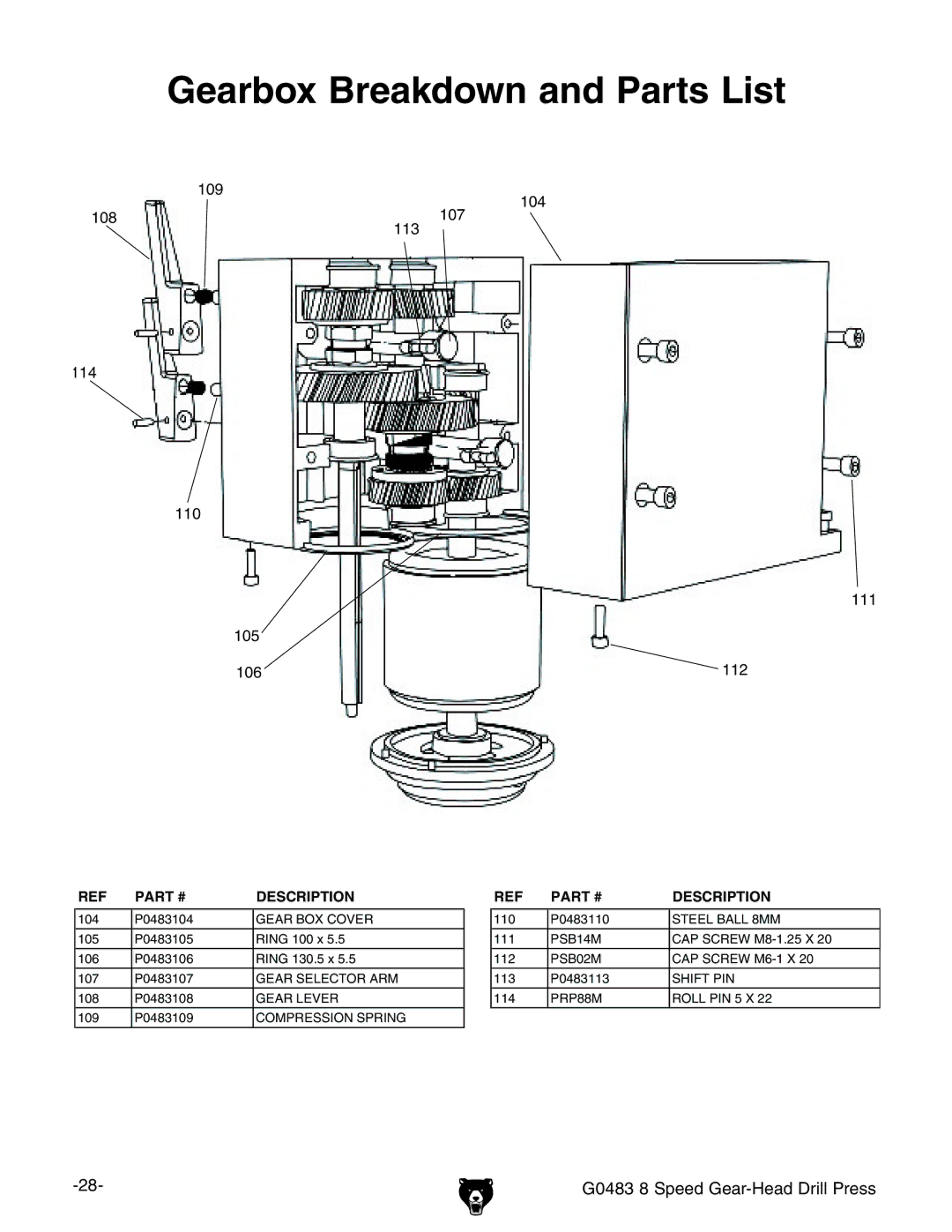 Grizzly G0483 manual EARBOXXREAKDOWNNANDD0ARTSS,IST 