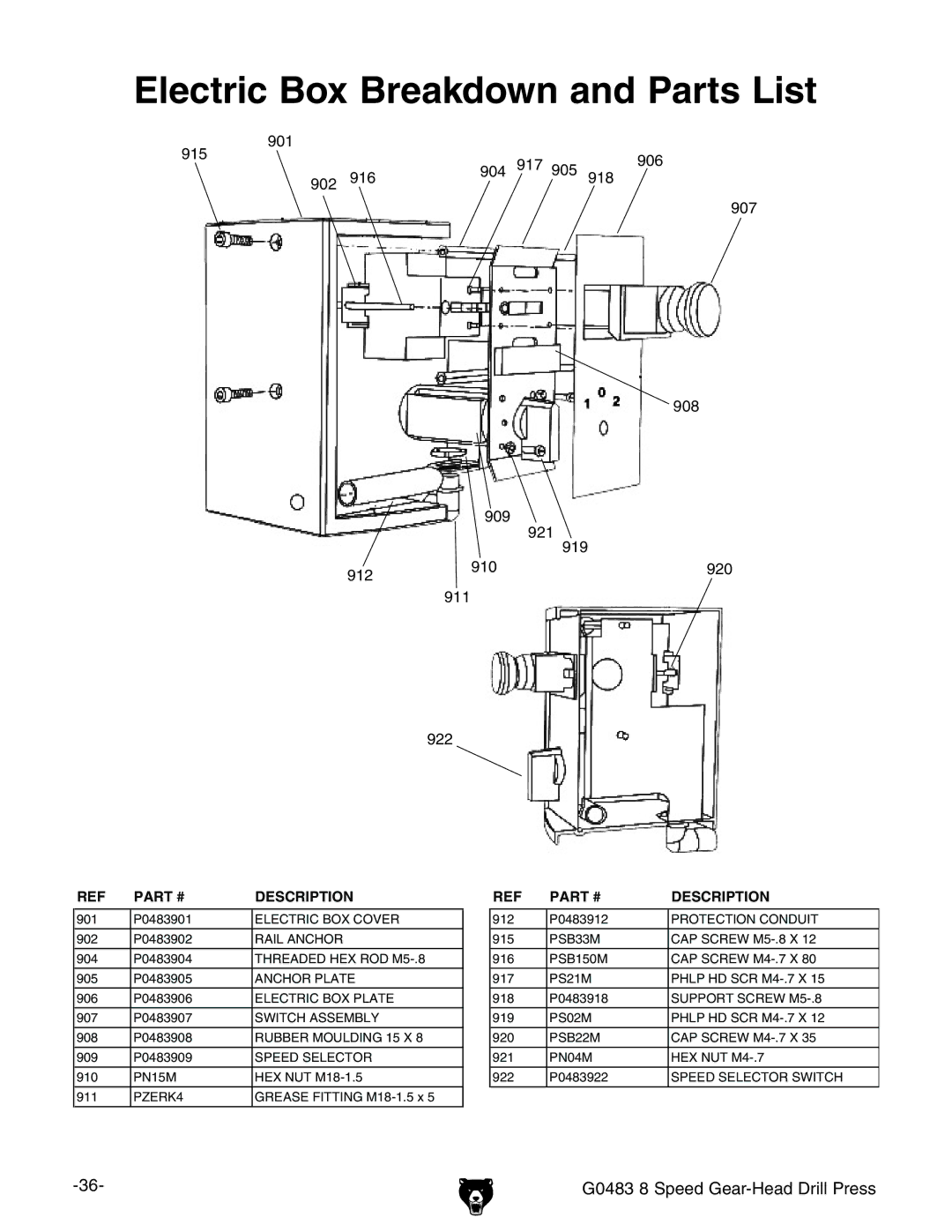 Grizzly G0483 manual Lectric OX Reakdown and 0ARTS ,IST 