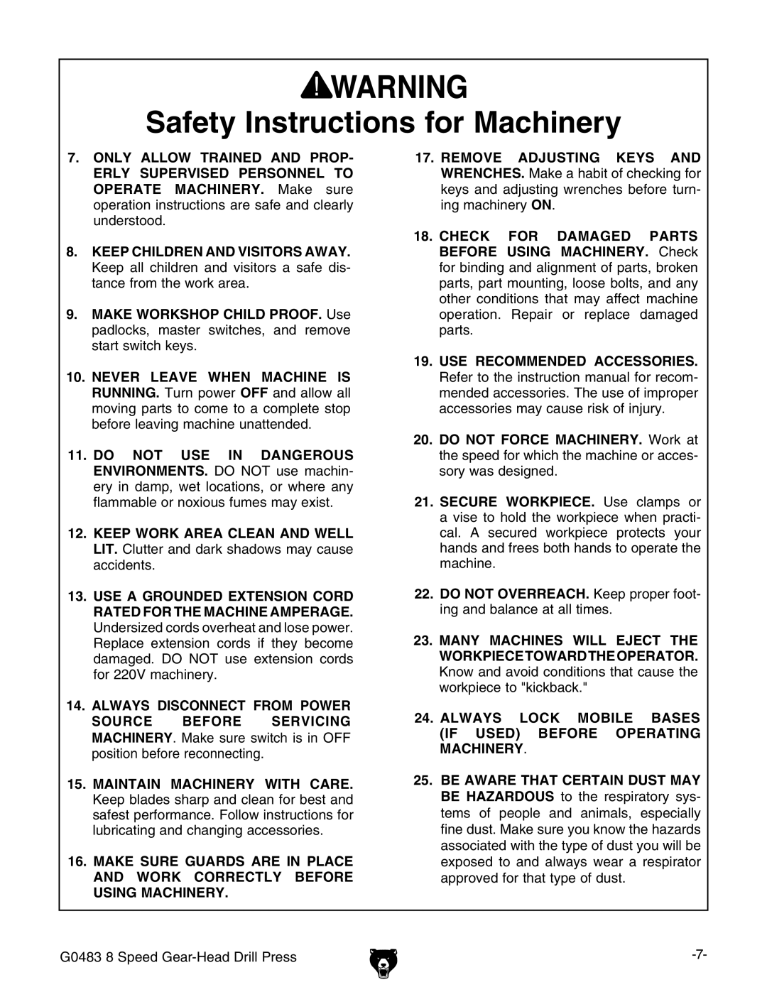 Grizzly G0483 manual 3AFETYYNSTRUCTIONS for -ACHINERY 