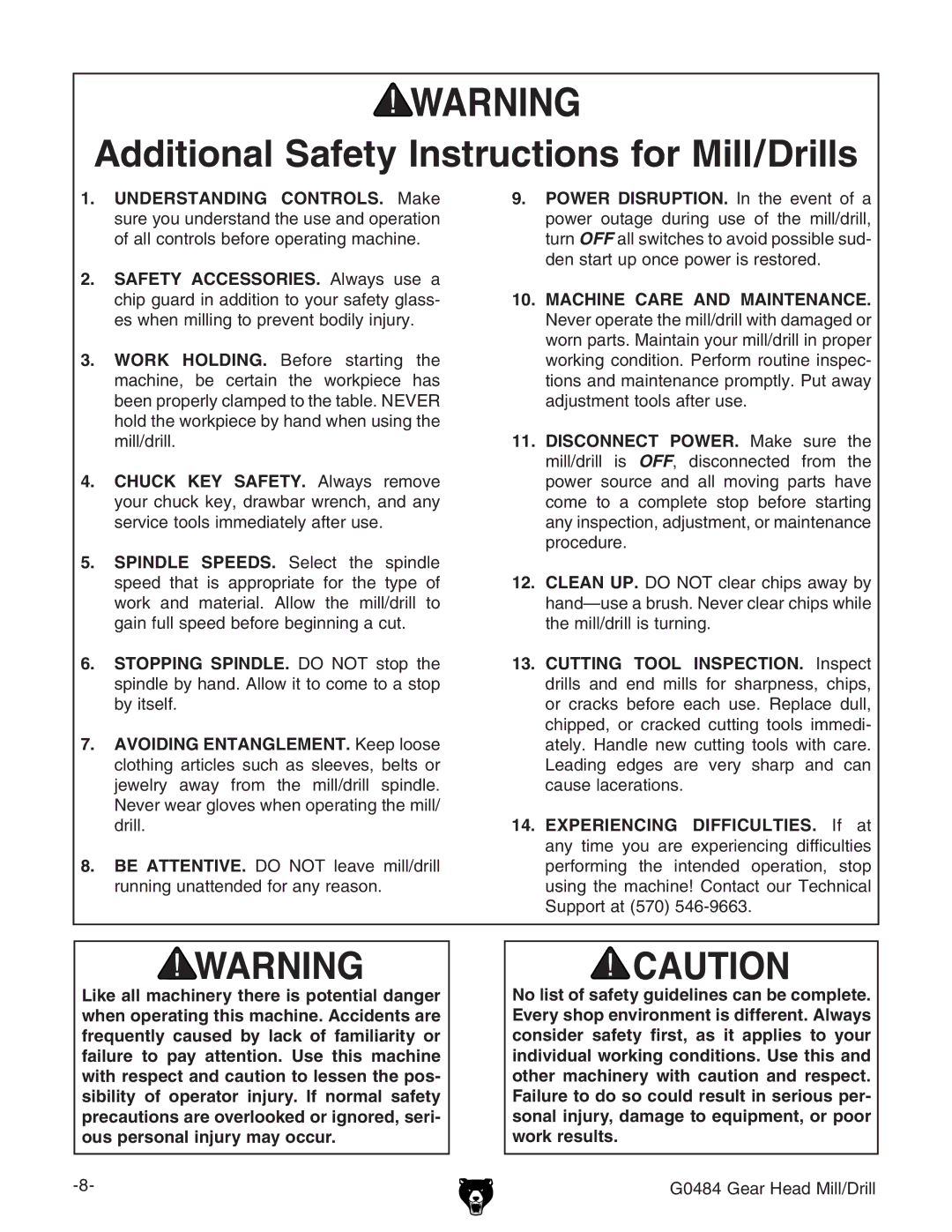 Grizzly G0484 owner manual Additional Safety Instructions for Mill/Drills, Machine Care and Maintenance 