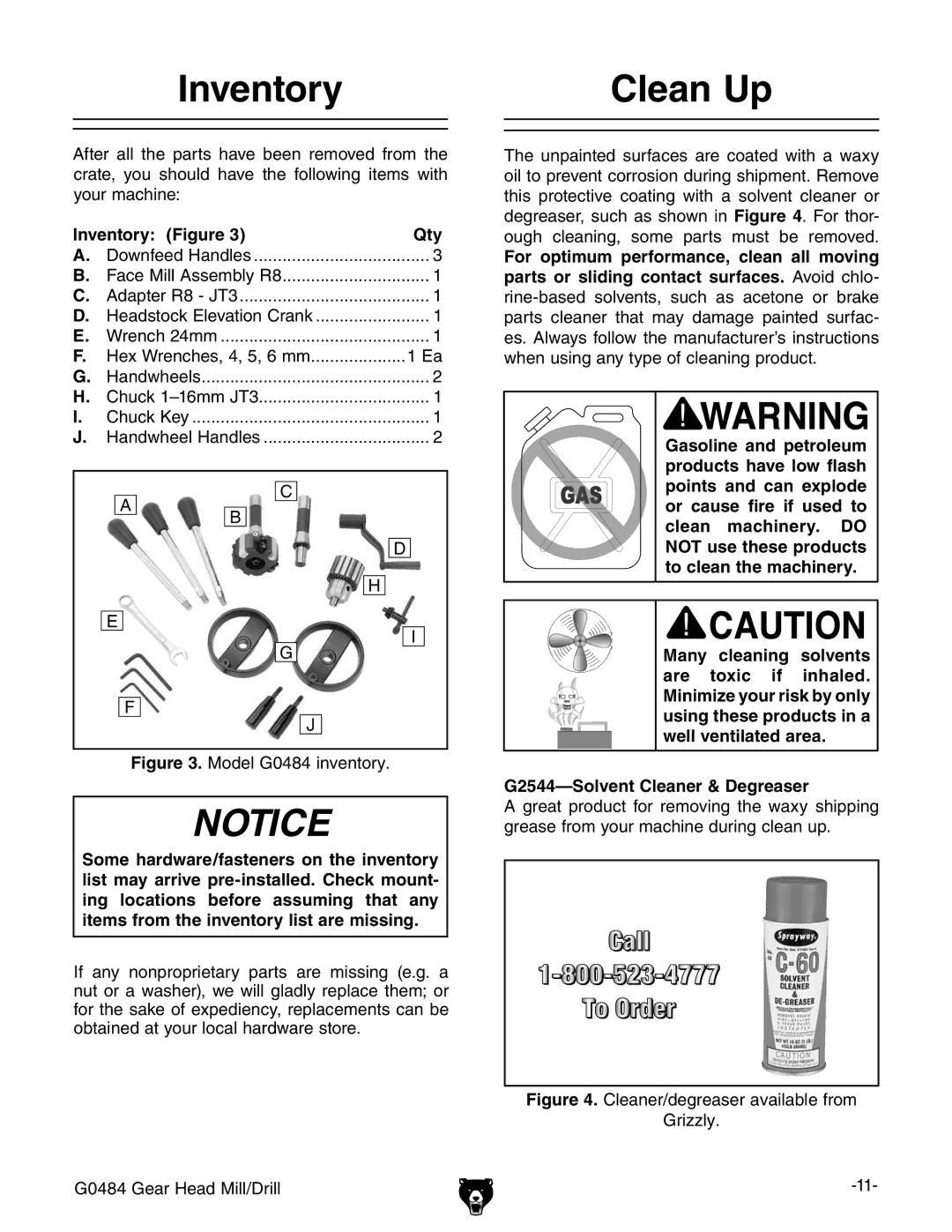 Grizzly G0484 Inventory Figure Qty, Hex Wrenches, 4, 5, 6 mm, Well ventilated area G2544-Solvent Cleaner & Degreaser 