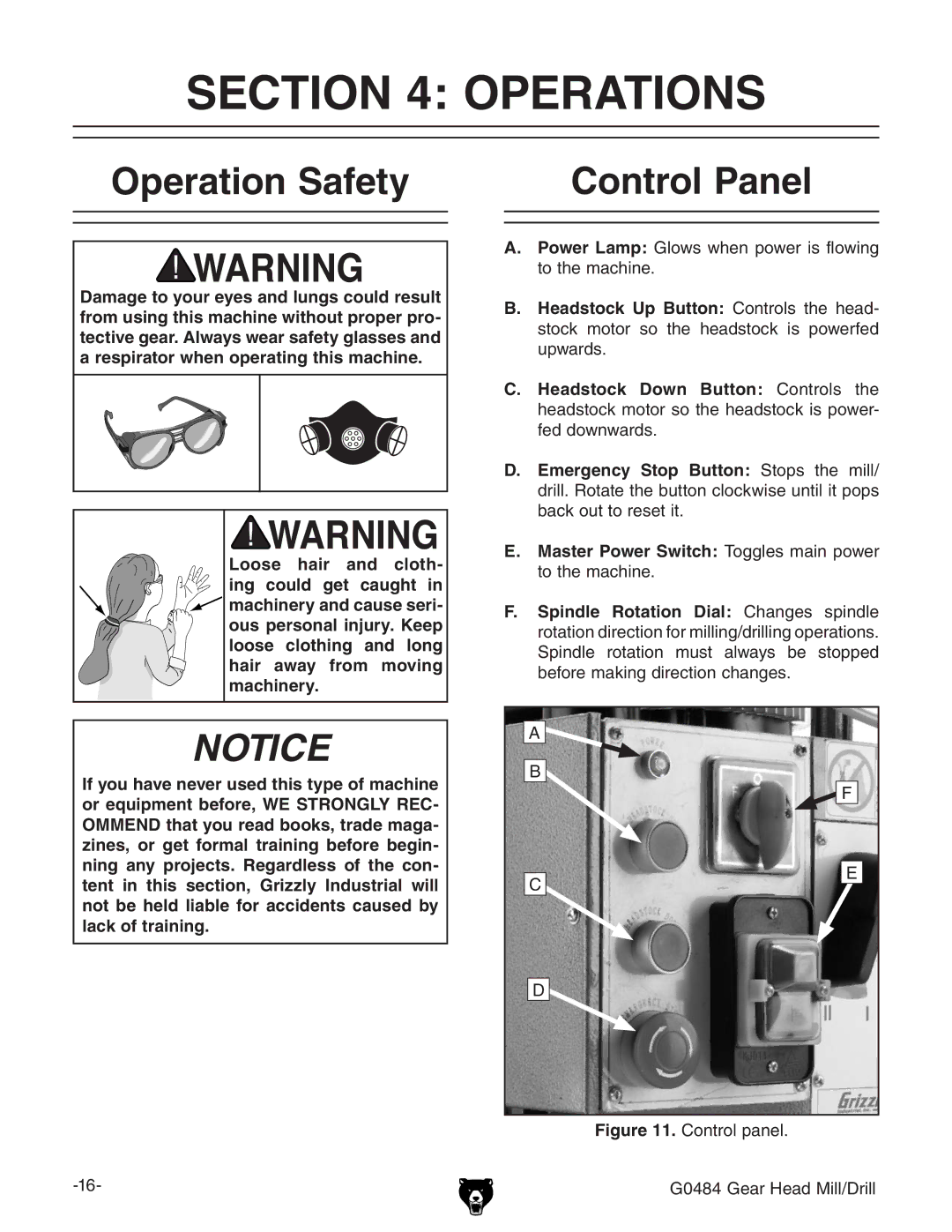 Grizzly G0484 owner manual Operations, Operation Safety Control Panel 