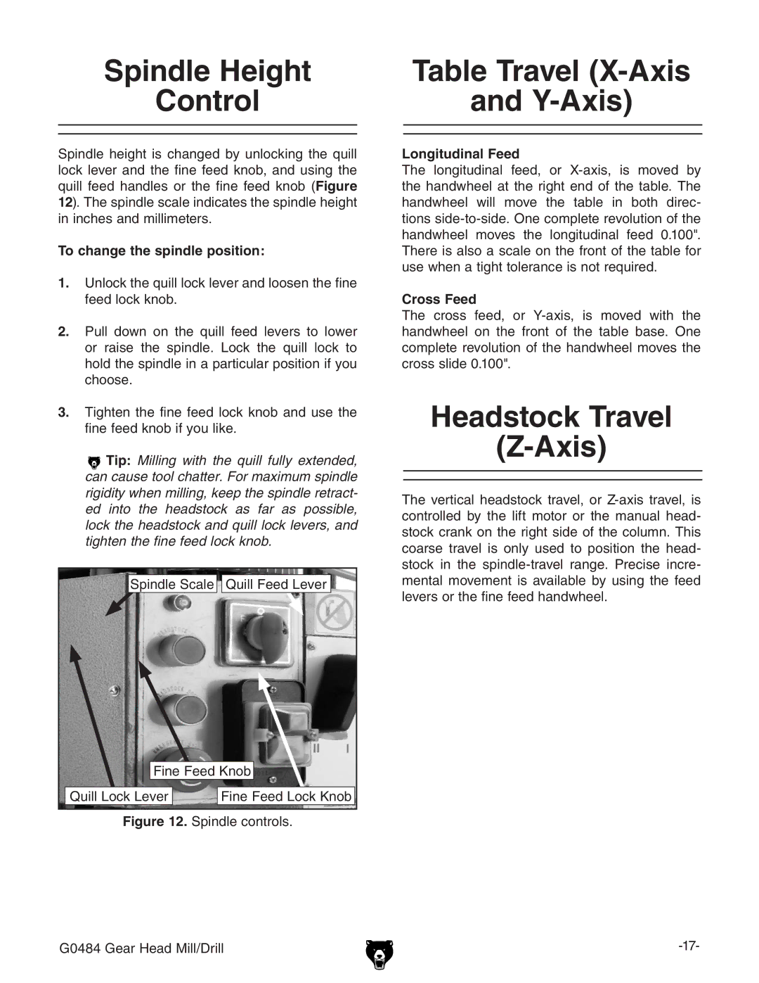 Grizzly G0484 owner manual Spindle Height Control, Table Travel X-Axis Y-Axis, Headstock Travel Axis 