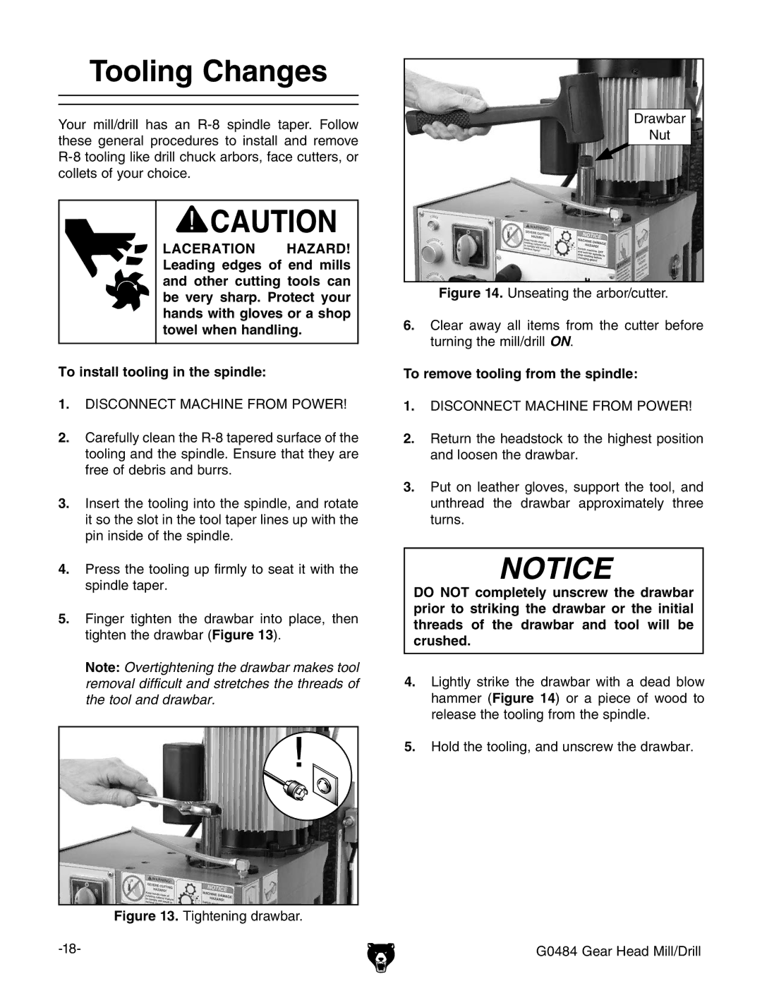 Grizzly G0484 owner manual Tooling Changes, To remove tooling from the spindle 