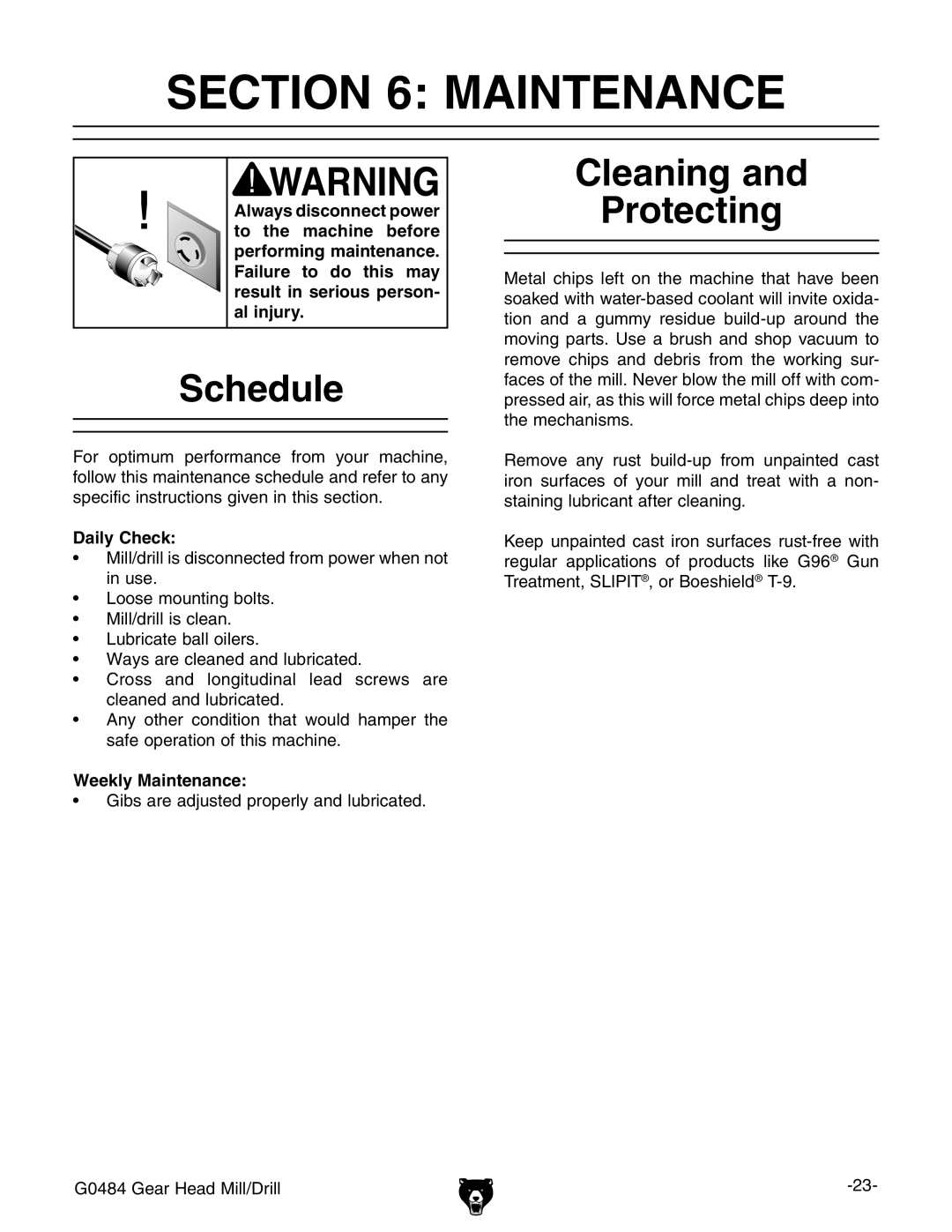 Grizzly G0484 owner manual Schedule, Cleaning Protecting, Daily Check, Weekly Maintenance 