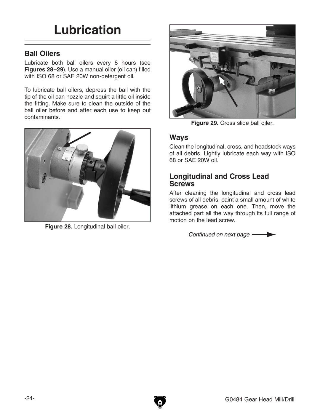 Grizzly G0484 owner manual Lubrication, Ball Oilers, Ways, Longitudinal and Cross Lead Screws 