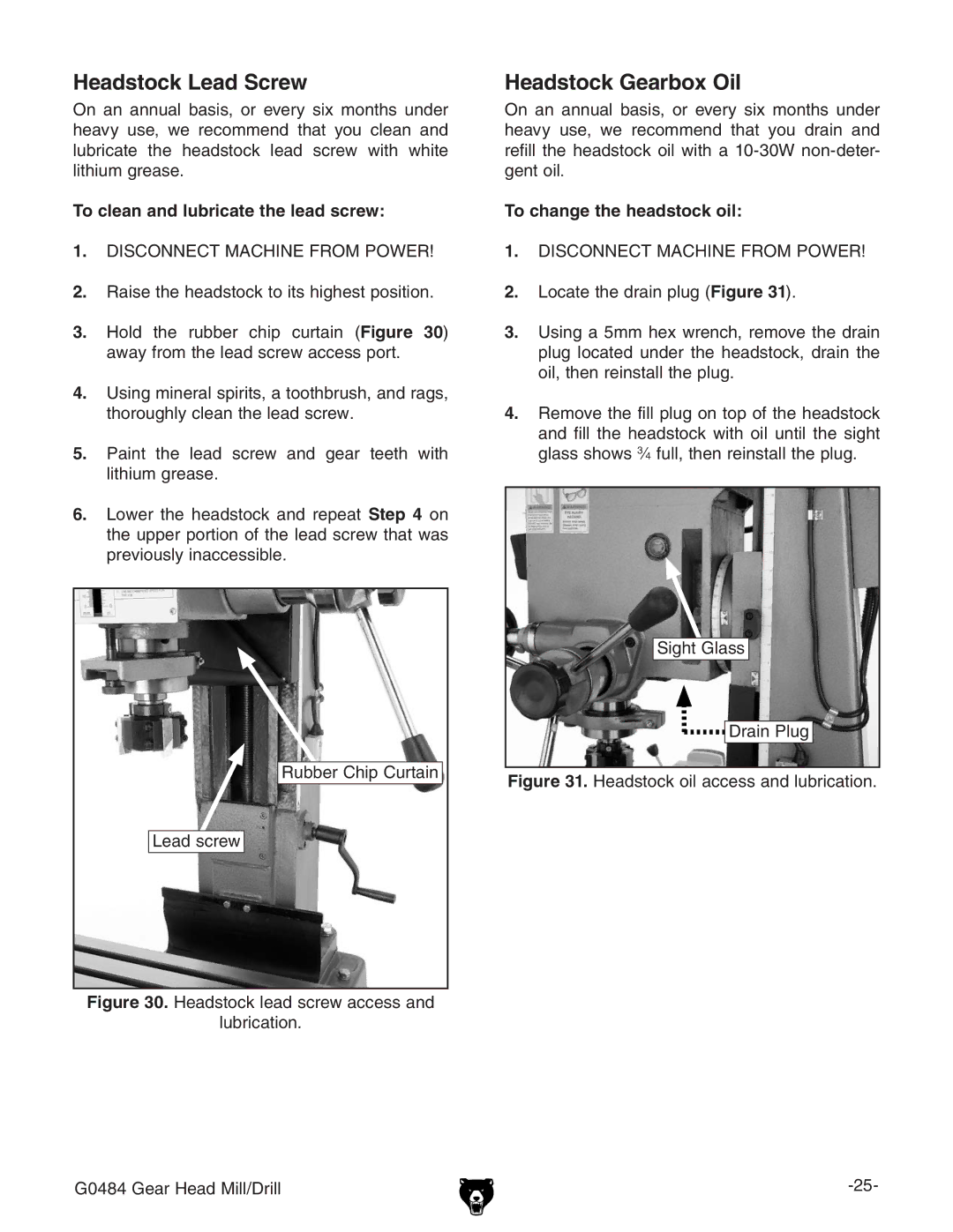 Grizzly G0484 owner manual Headstock Lead Screw, Headstock Gearbox Oil, To clean and lubricate the lead screw 