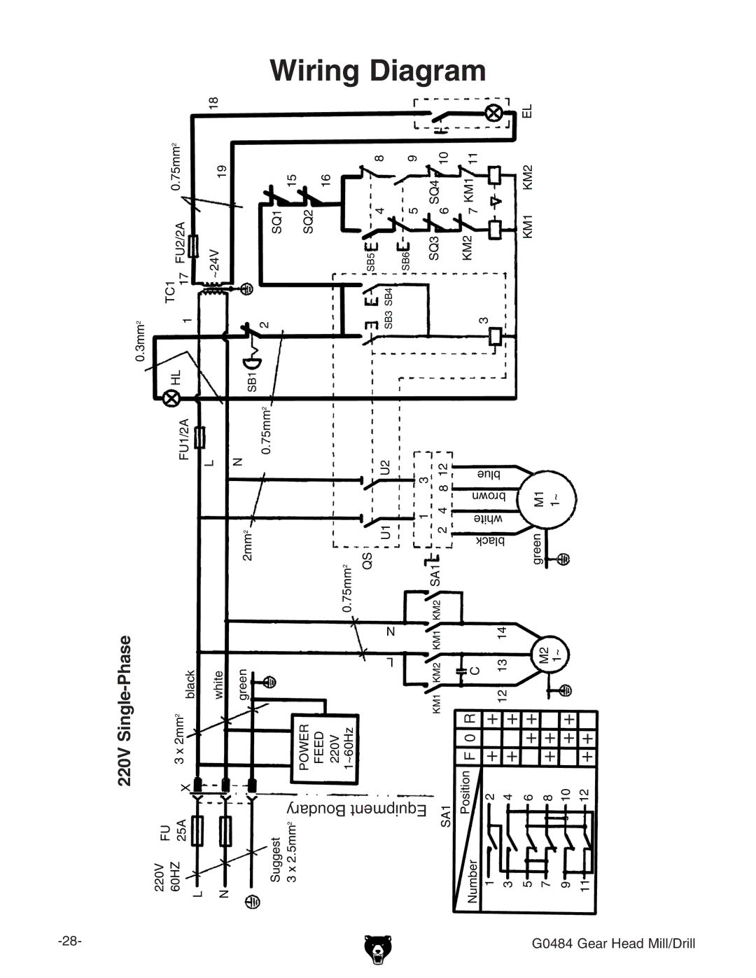 Grizzly G0484 owner manual Diagram, 220V Single-Phase 