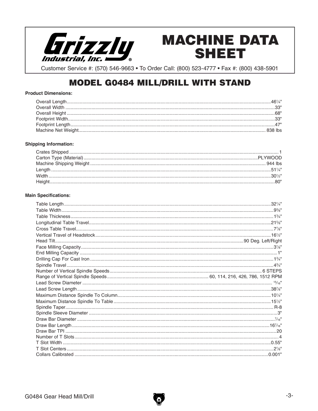 Grizzly G0484 owner manual Machine Data Sheet 