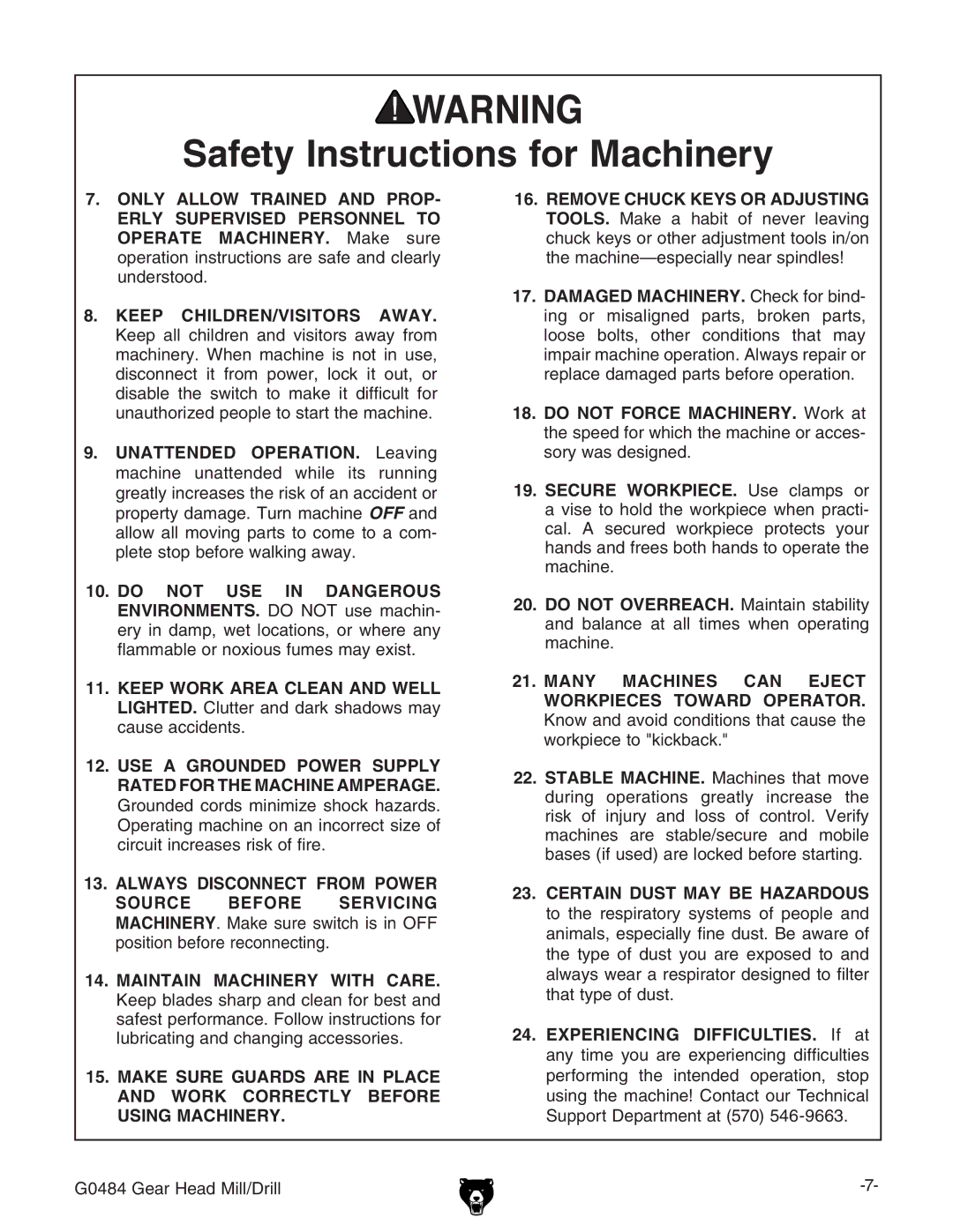 Grizzly G0484 owner manual Keep CHILDREN/VISITORS Away 