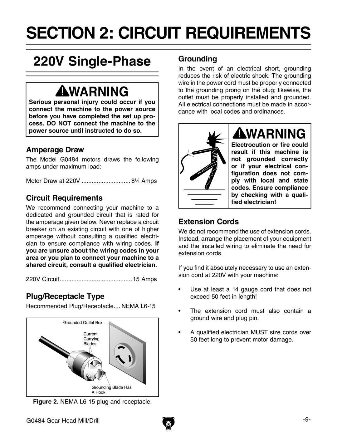 Grizzly G0484 owner manual Circuit Requirements, 220V Single-Phase 