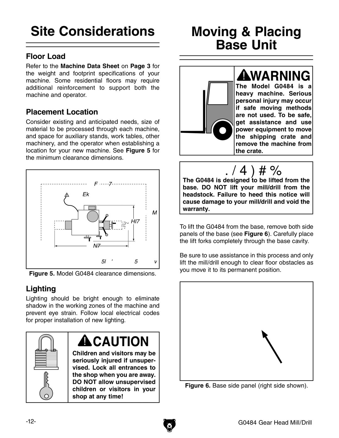 Grizzly G0484 owner manual Site Considerations, Moving & Placing Base Unit 