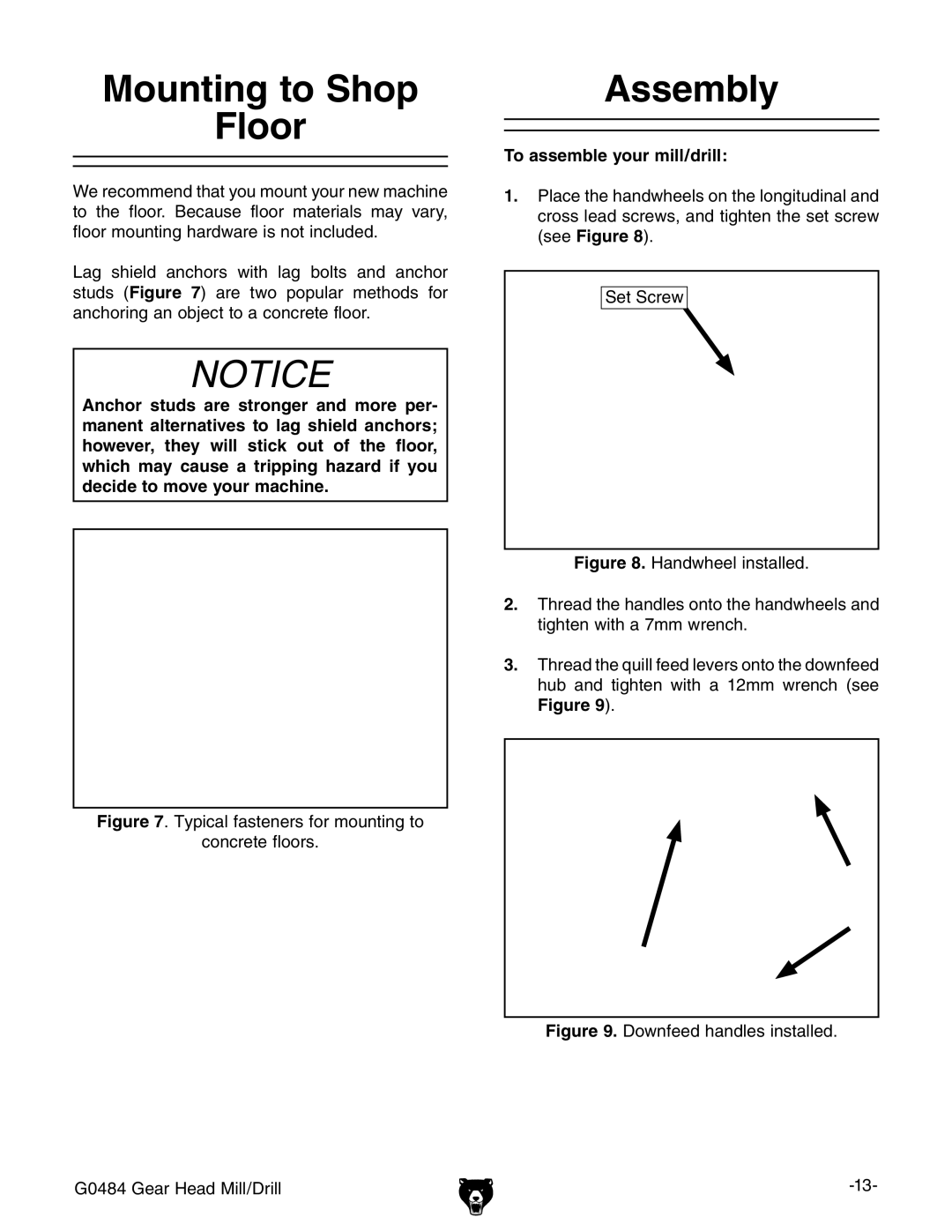 Grizzly G0484 owner manual Mounting to Shop Floor, Assembly, To assemble your mill/drill 