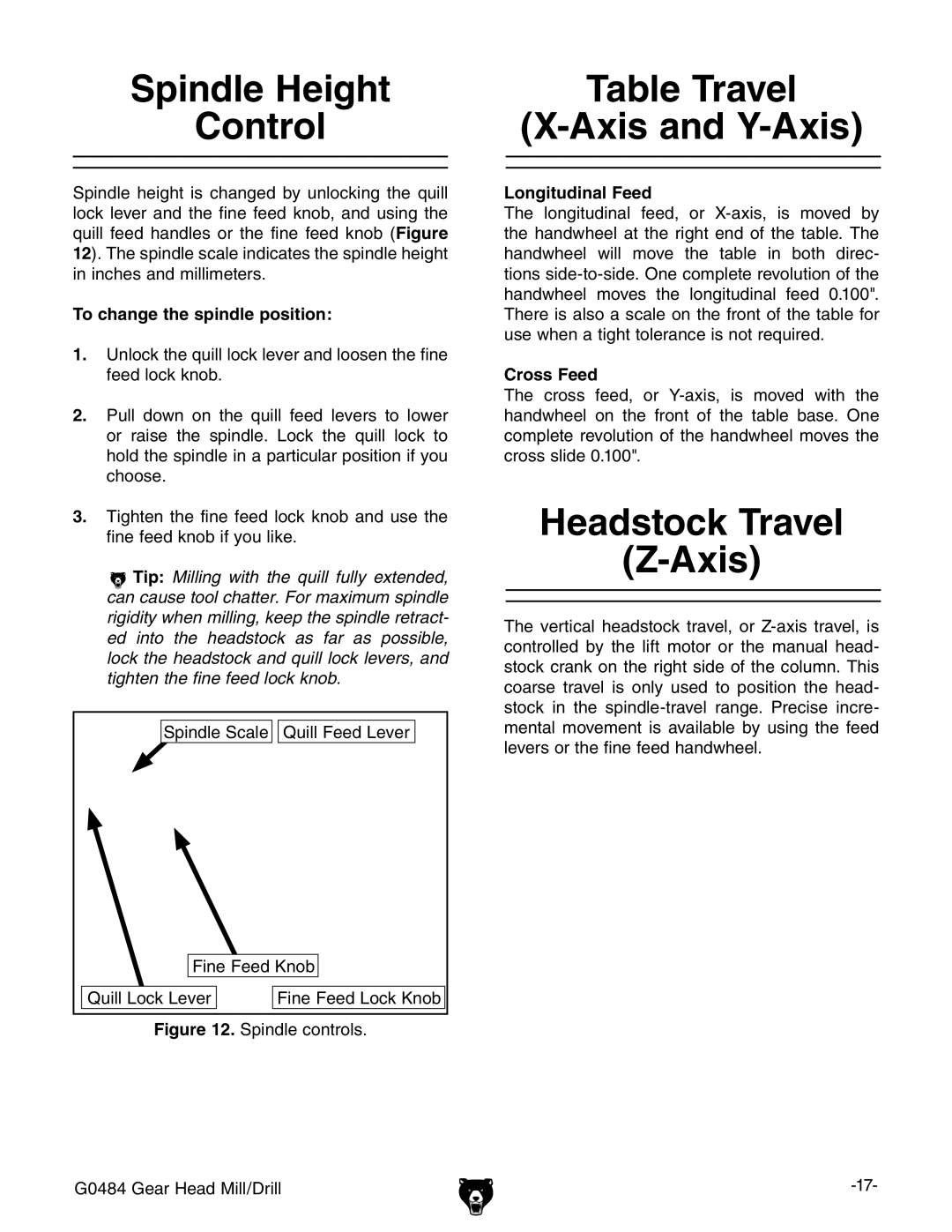 Grizzly G0484 owner manual Spindle Height Control, Table Travel Axis and Y-Axis, Headstock Travel Axis 