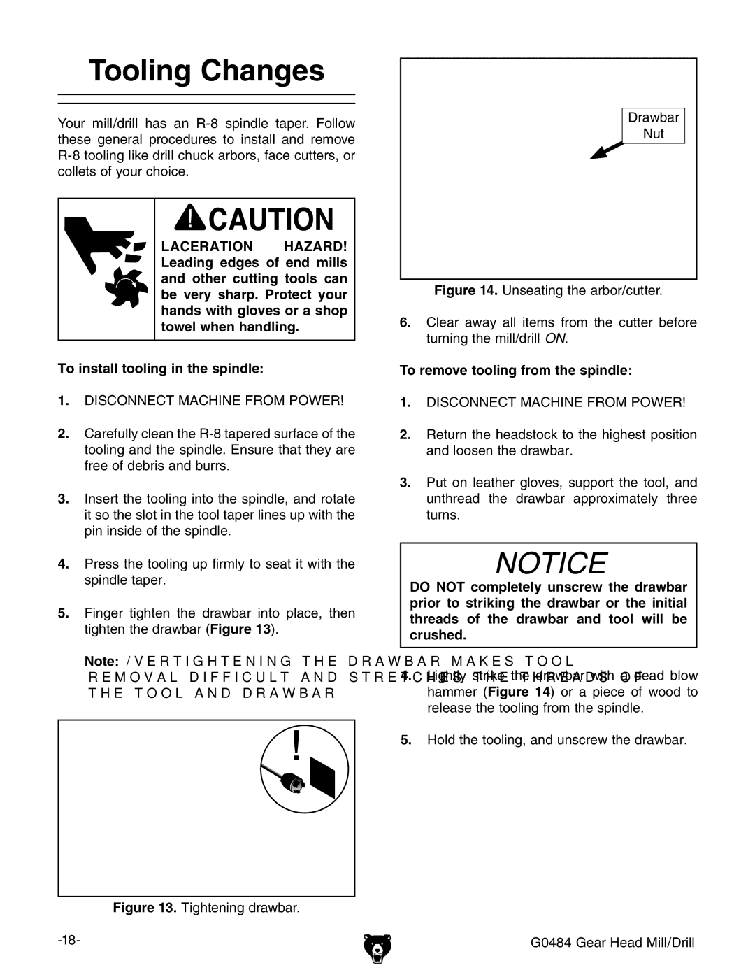 Grizzly G0484 owner manual Tooling Changes, To remove tooling from the spindle 