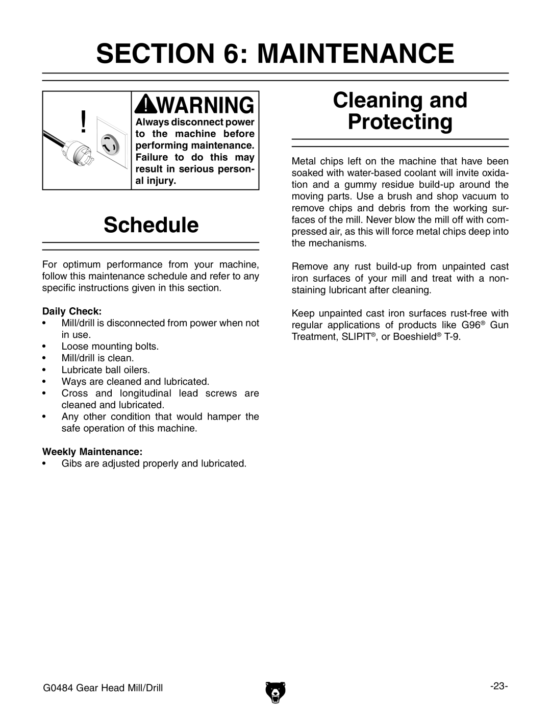 Grizzly G0484 owner manual Schedule, Cleaning Protecting, Daily Check, Weekly Maintenance 