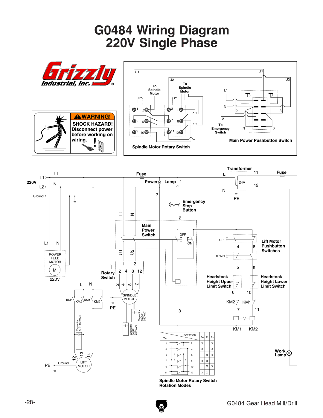 Grizzly owner manual G0484 Wiring Diagram 220V Single Phase 