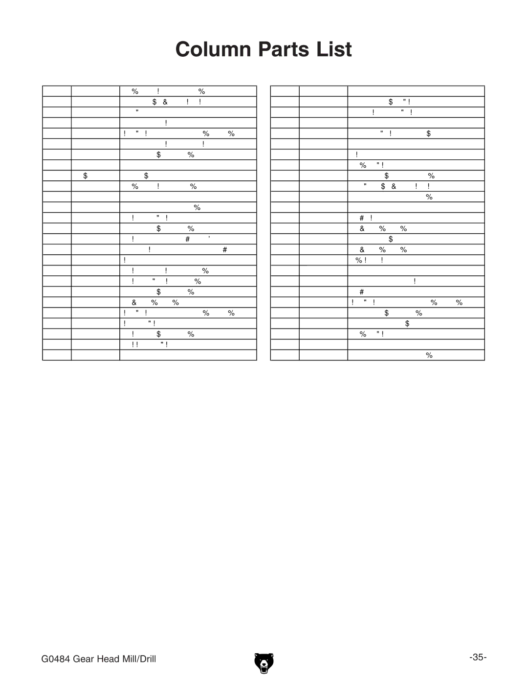 Grizzly G0484 owner manual Column Parts List 