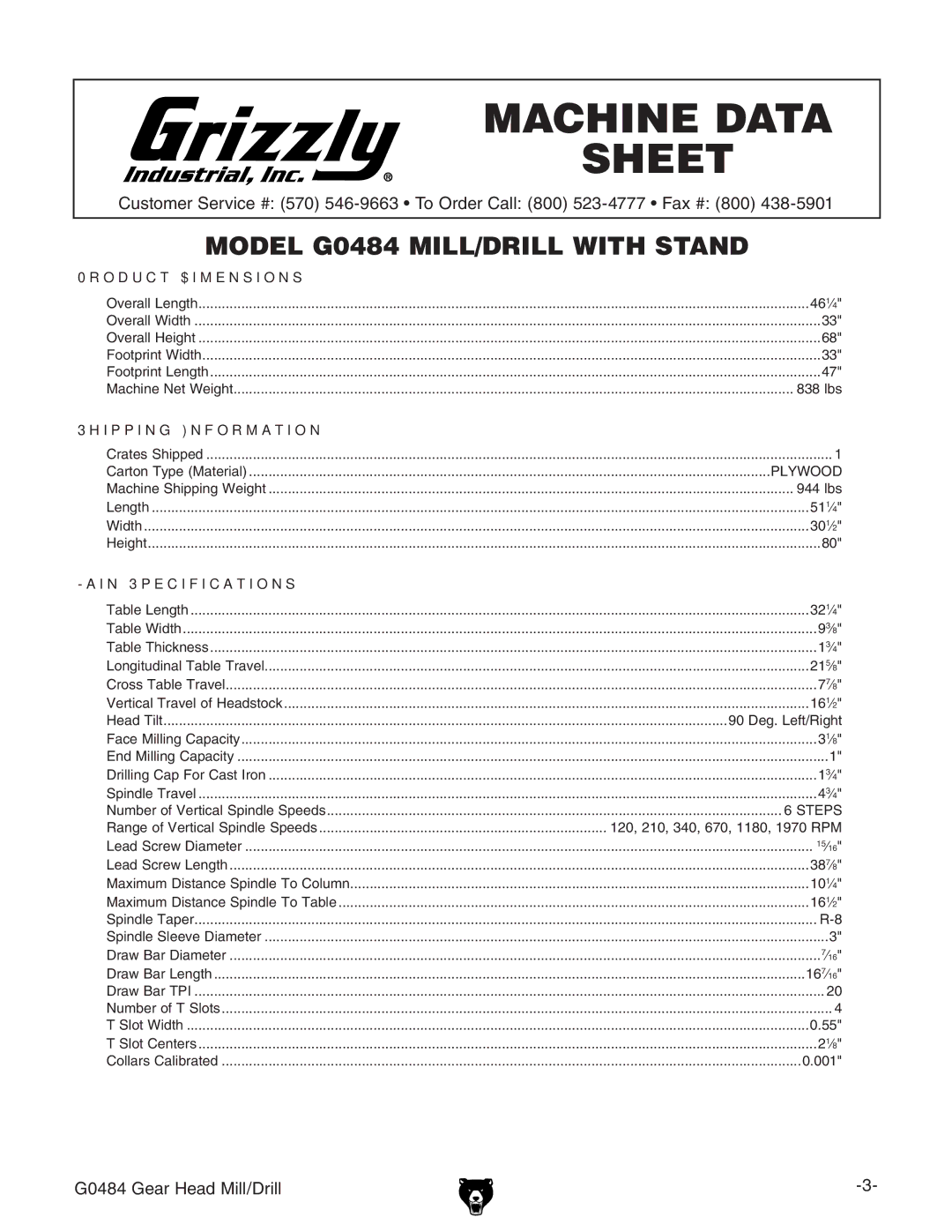 Grizzly G0484 owner manual Machine Data Sheet 