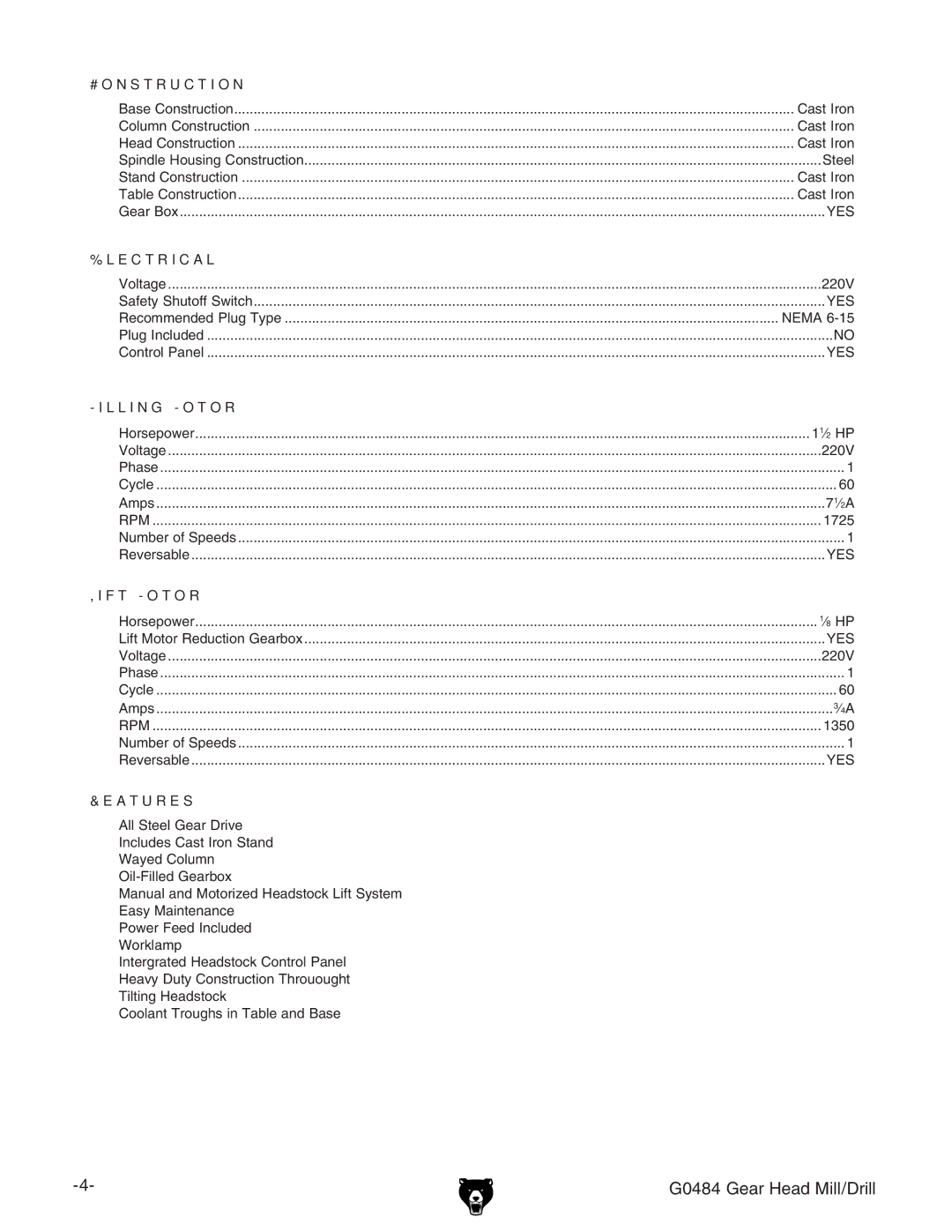 Grizzly owner manual G0484 Gear Head Mill/Drill 