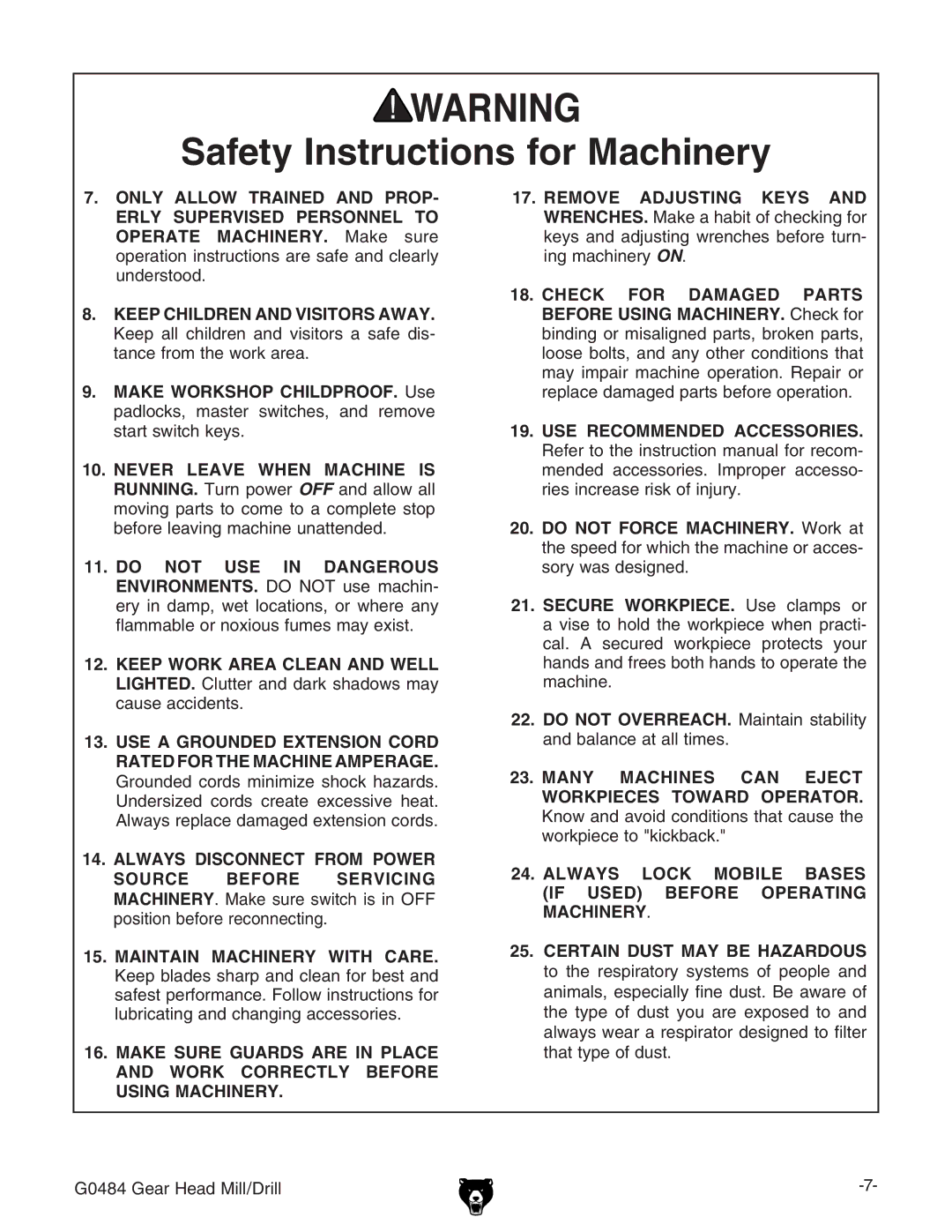 Grizzly owner manual G0484 Gear Head Mill/Drill 