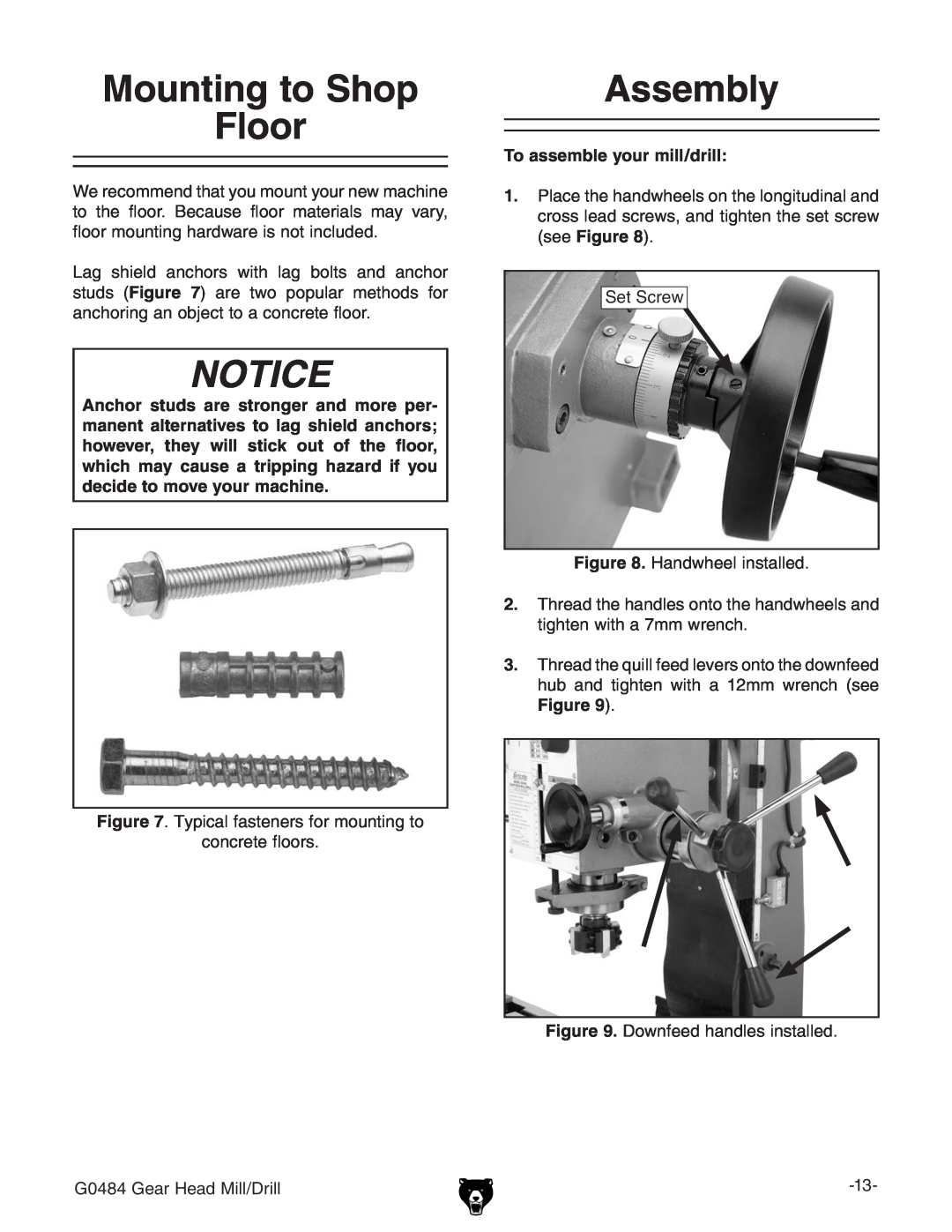 Grizzly G0484 owner manual Mounting to Shop Floor, Assembly, To assemble your mill/drill 