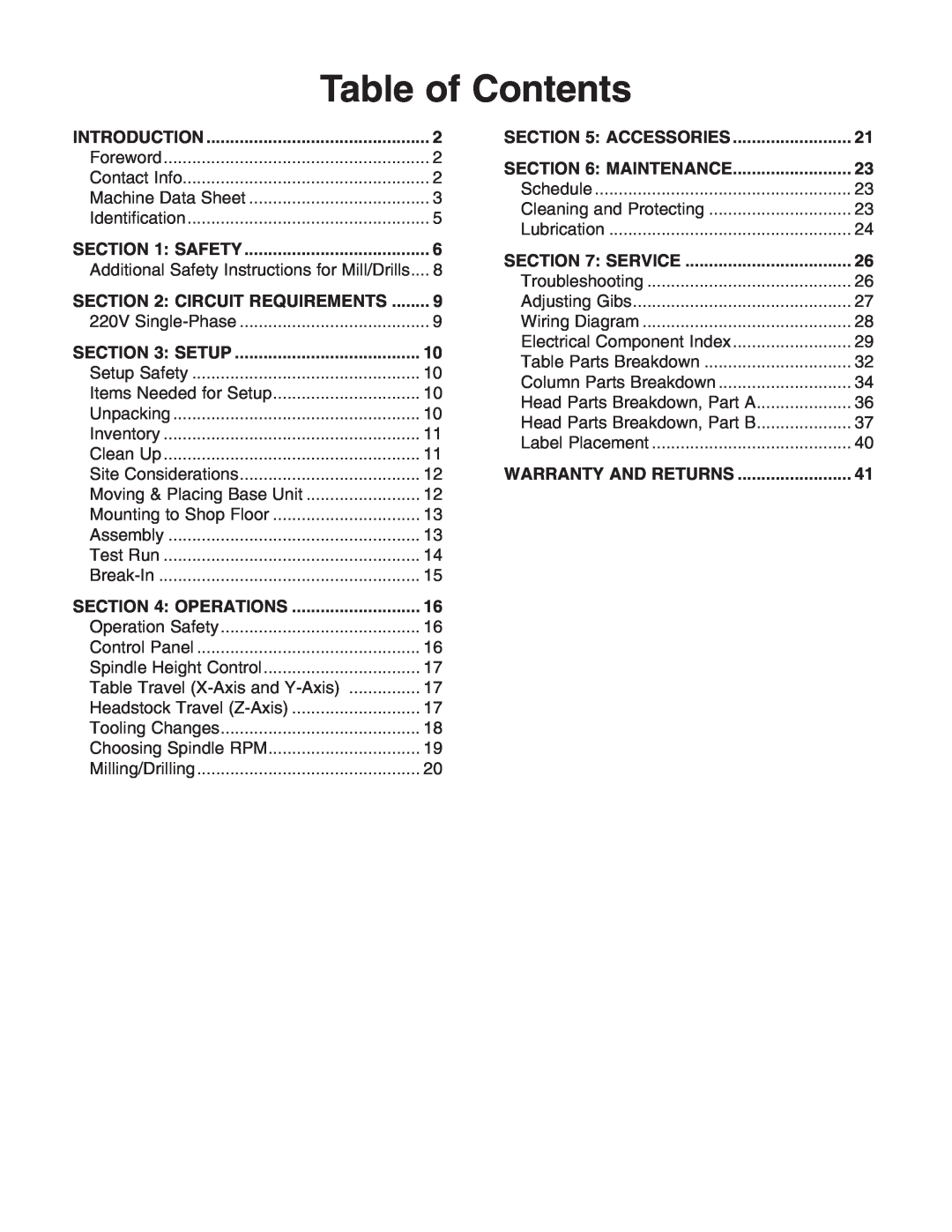 Grizzly G0484 owner manual Table of Contents, Setup, Operations, Maintenance, Service, Warranty And Returns 