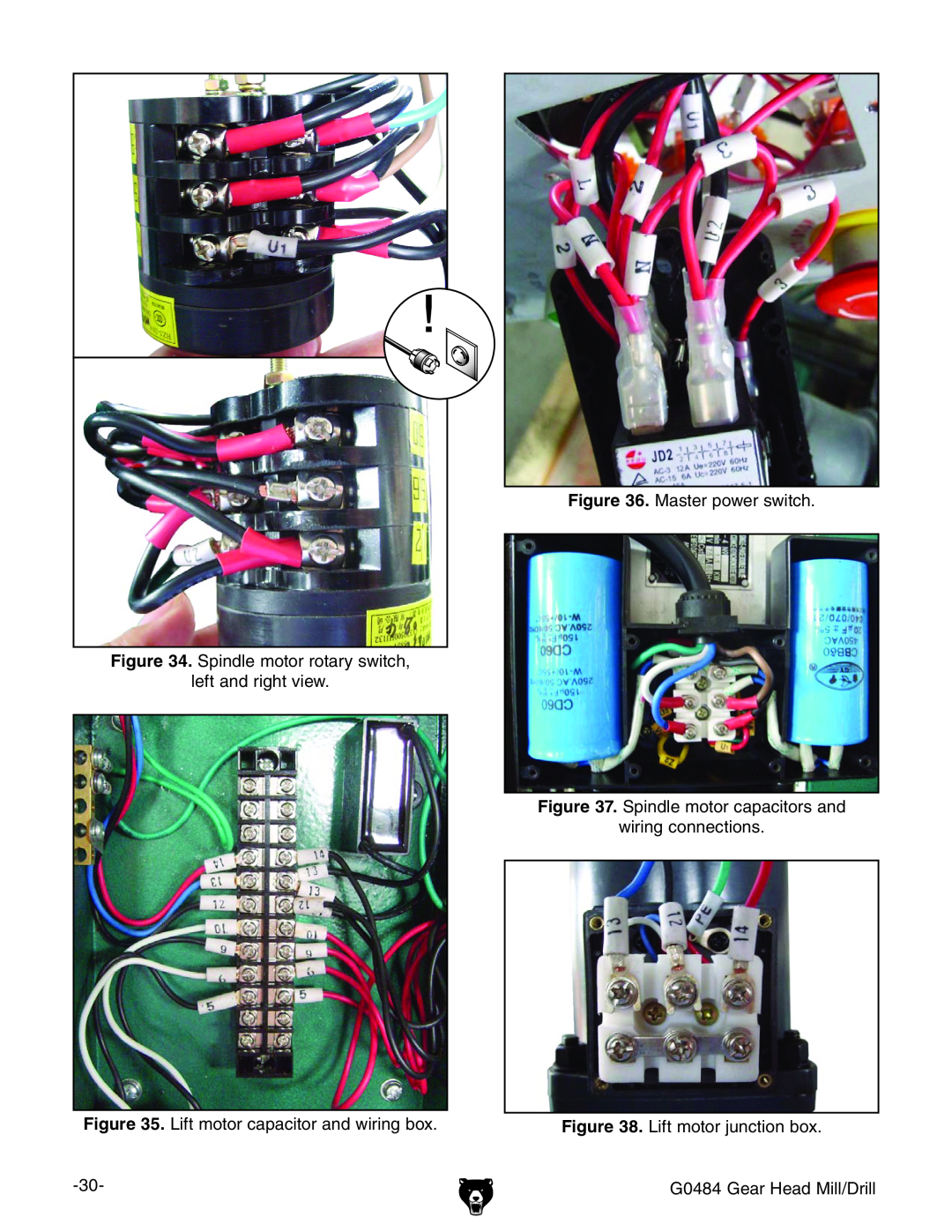 Grizzly G0484 Spindle motor rotary switch left and right view, Lift motor capacitor and wiring box, Master power switch 