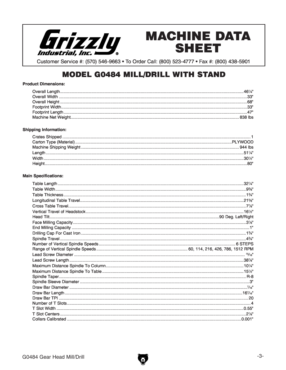Grizzly owner manual Machine Data Sheet, MoDEl G0484 MIll/DrIll wITH STAND, Product Dimensions, Shipping Information 