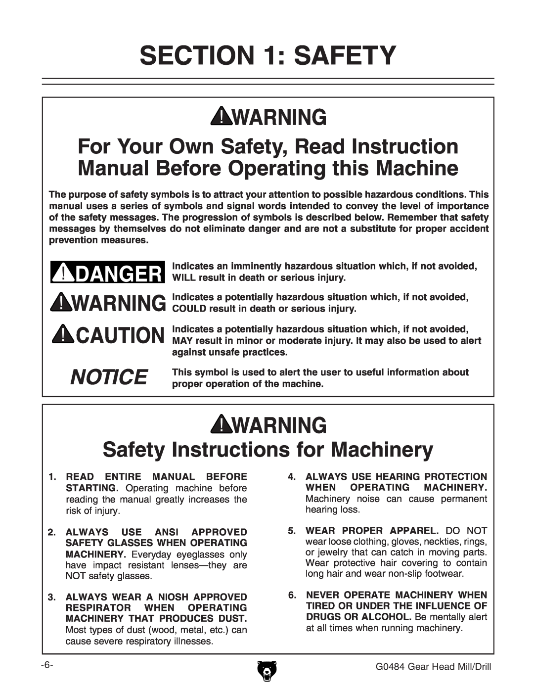 Grizzly G0484 owner manual Safety Instructions for Machinery 