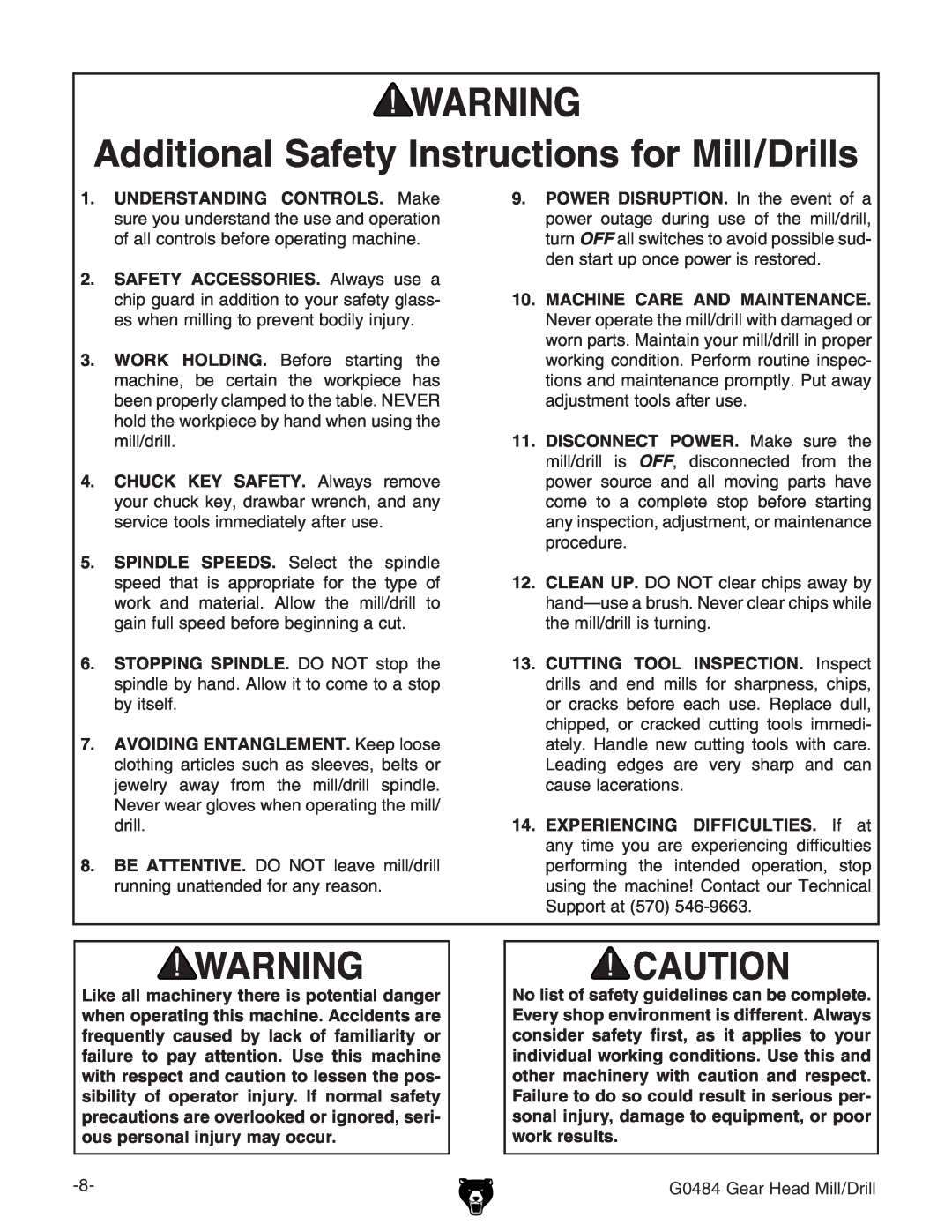 Grizzly G0484 owner manual Additional Safety Instructions for Mill/Drills 
