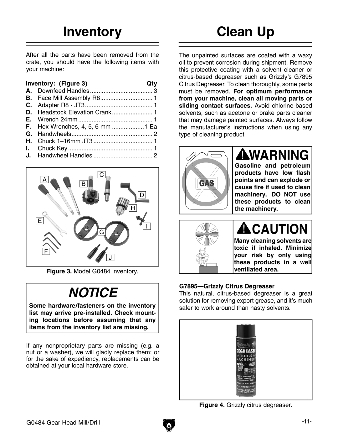 Grizzly G0484 owner manual Inventory, Clean Up Clean Up 