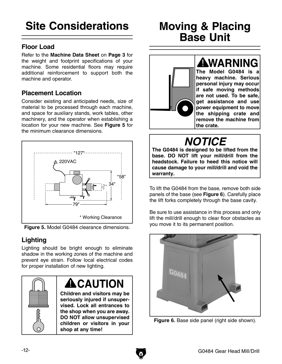 Grizzly G0484 owner manual Site Considerations, Moving & Placing Base Unit, Floor Load, Placement Location, Lighting 