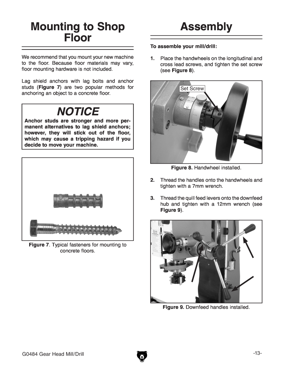Grizzly G0484 owner manual Mounting to Shop Floor, Assembly, To assemble your mill/drill 