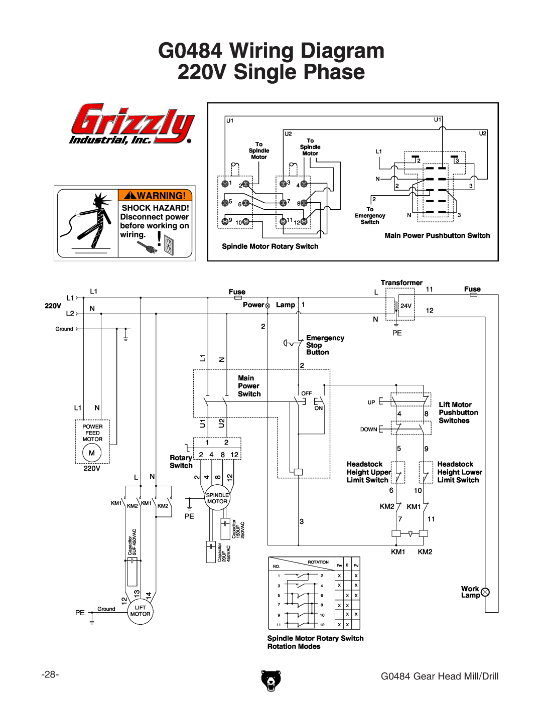 Grizzly owner manual G0484 Wiring Diagram 220V Single Phase, G0484 Gear Head Mill/Drill 