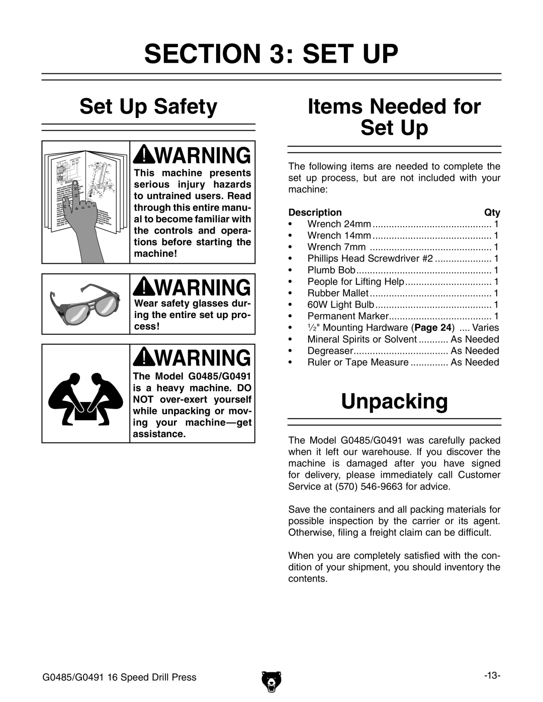 Grizzly G0485 manual #4/. 3%4, 3ETT5P 3AFETY, 5NPACKING 