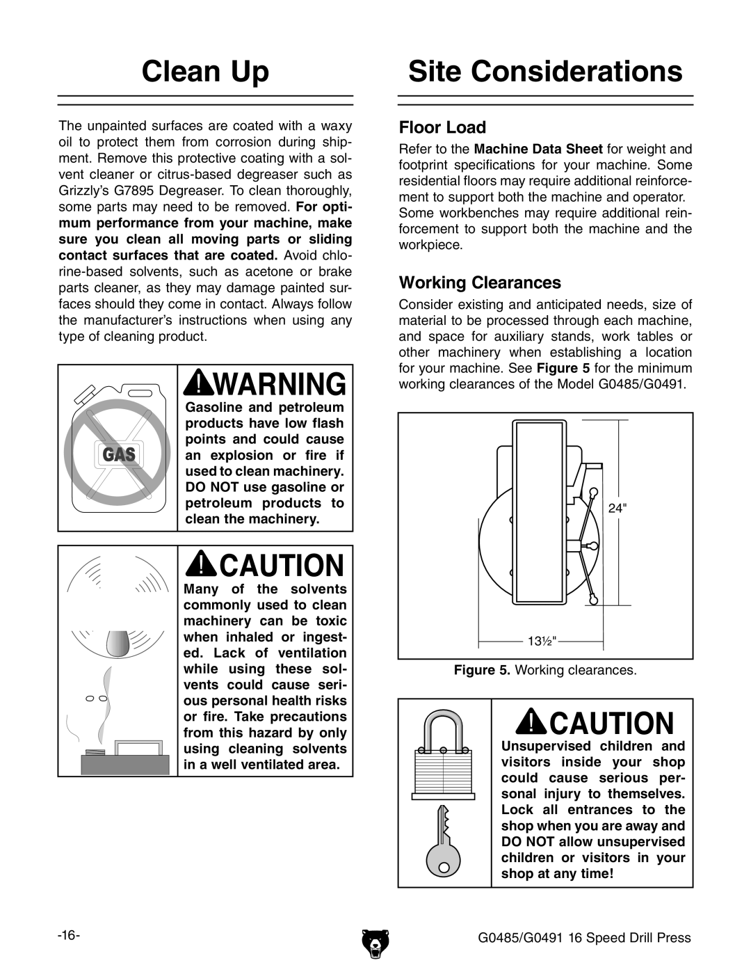 Grizzly G0485 manual #LEAN 5P, 3ITE #ONSIDERATIONS, Looro,Oad, 7ORKINGK#LEARANCES, Igure Ldg`c\XaZVgVcXZh# 