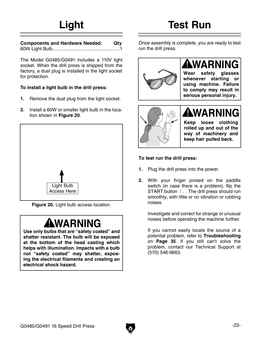 Grizzly G0485 manual Ight, 4EST 2UN, 4O Install a Light Bulblin the Drill PRESS, 4O Test RUNUTHEHDRILLIPRESS 