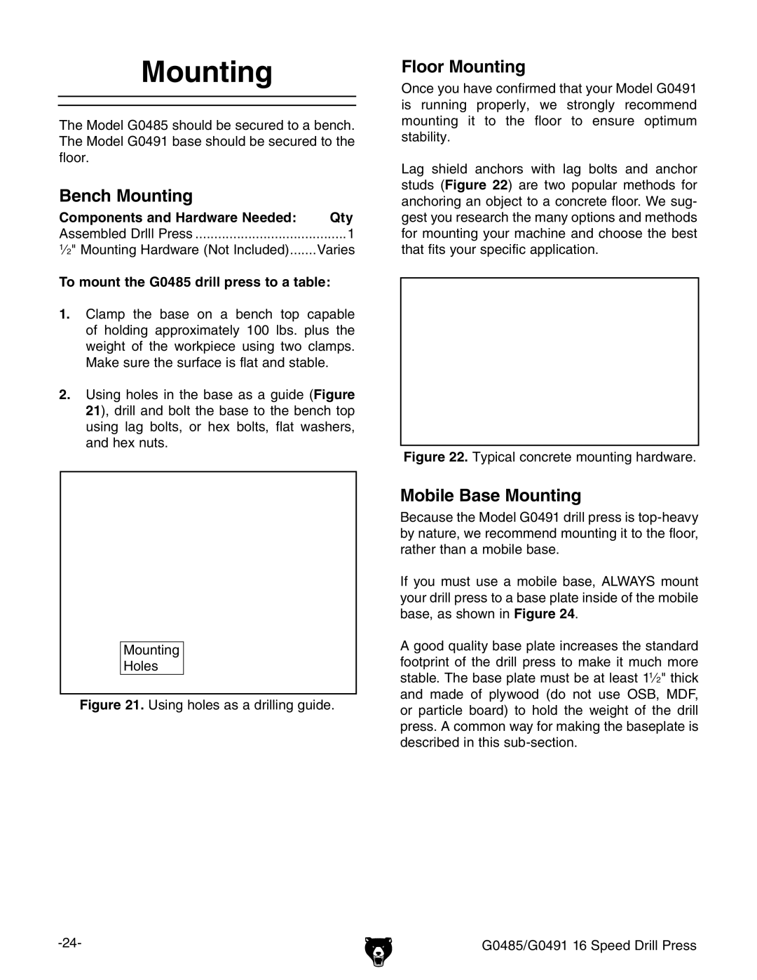 Grizzly G0485 manual Enchn-Ounting, Looro-Ounting, Obile ASE -OUNTING 