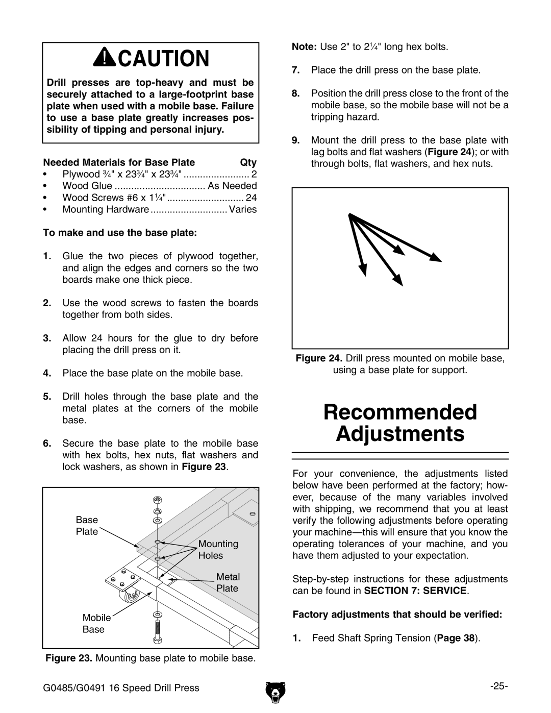 Grizzly G0485 manual 2ECOMMENDED Djustments, Eeded -ATERIALS Forrase 0LATE, 4O Make Andnusesthehbase PLATE, Igeec\VoVgY# 