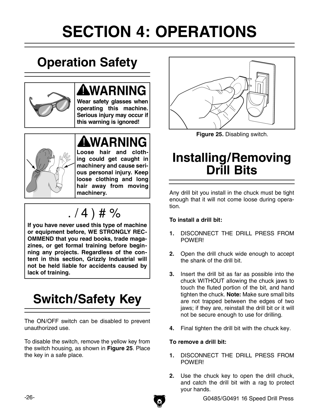 Grizzly G0485 manual #4/.  /0%2!4/.3, PERATIONT3AFETY, 3WITCH3AFETY +EY, $Rill Its 