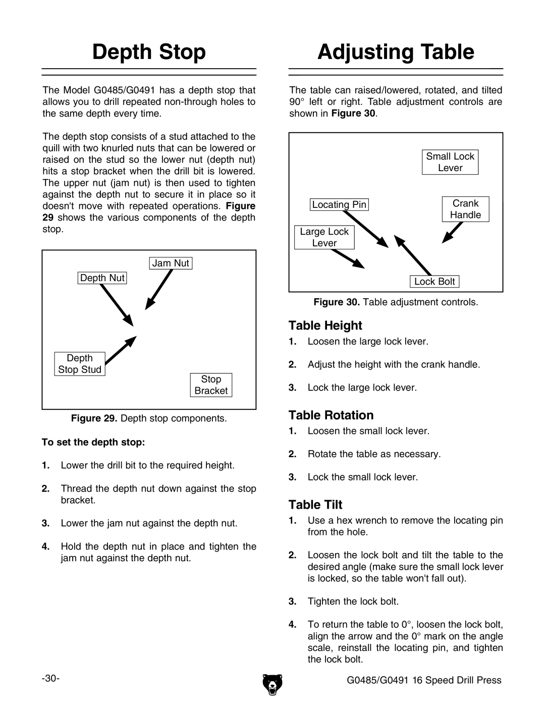 Grizzly G0485 manual $EPTH 3TOP Djusting 4ABLE, 4ABLEBEIGHT, 4ABLEB2OTATION, 4ABLEB4ILT, 4O SETETHEHDEPTHPSTOP 