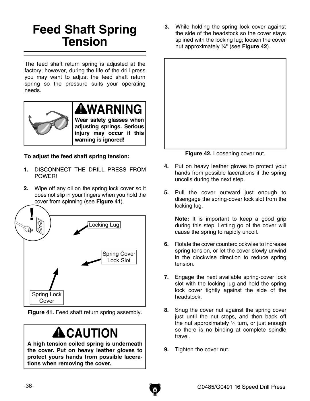 Grizzly G0485 manual EED 3HAFT 3PRING, 4ENSION, 4O Adjust Thehfeed Shaftaspring TENSION, Tions When Removing the COVER 