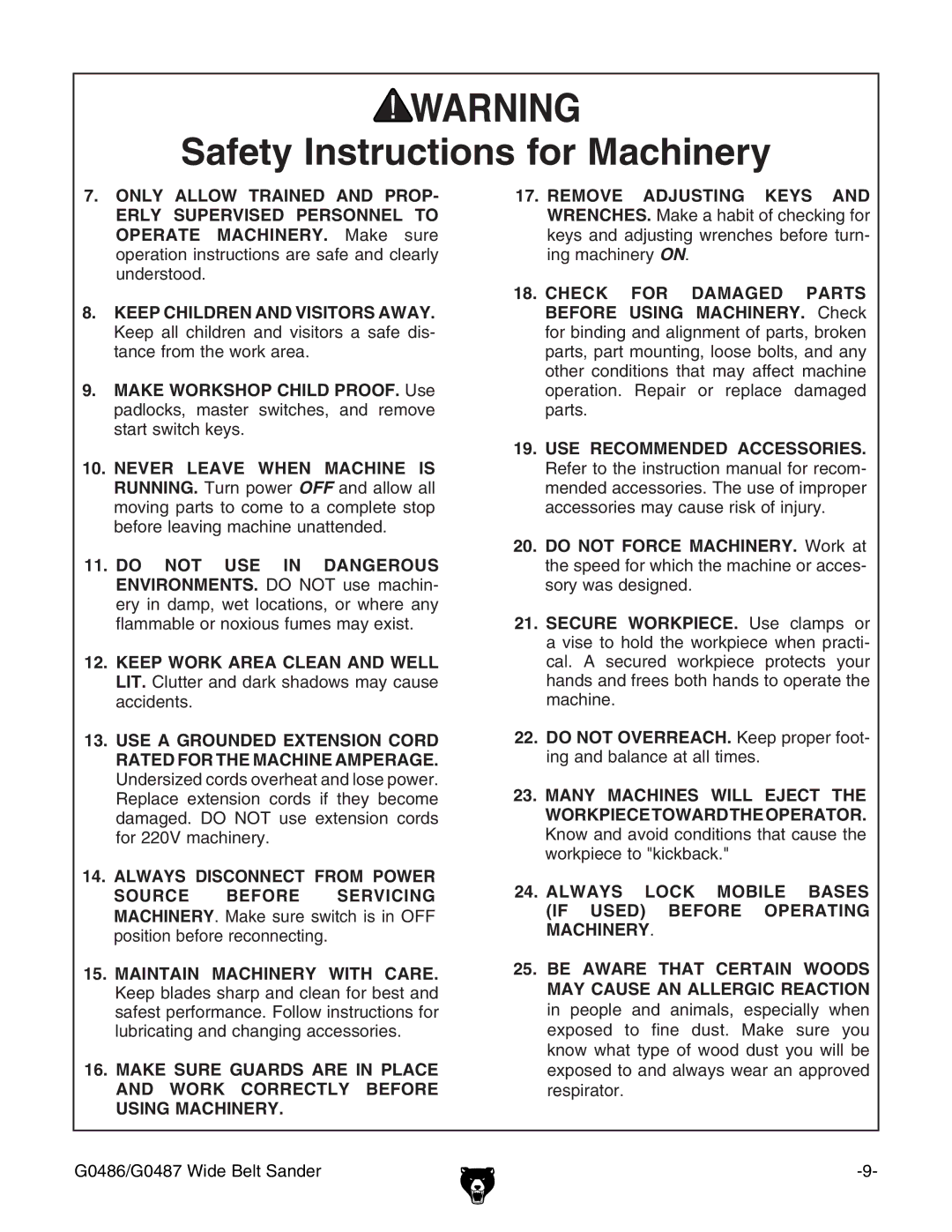 Grizzly G0486/G0487 owner manual Always Lock Mobile Bases if Used Before Operating Machinery 