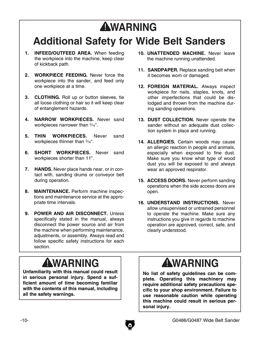 Grizzly G0486/G0487 owner manual Additional Safety for Wide Belt Sanders 