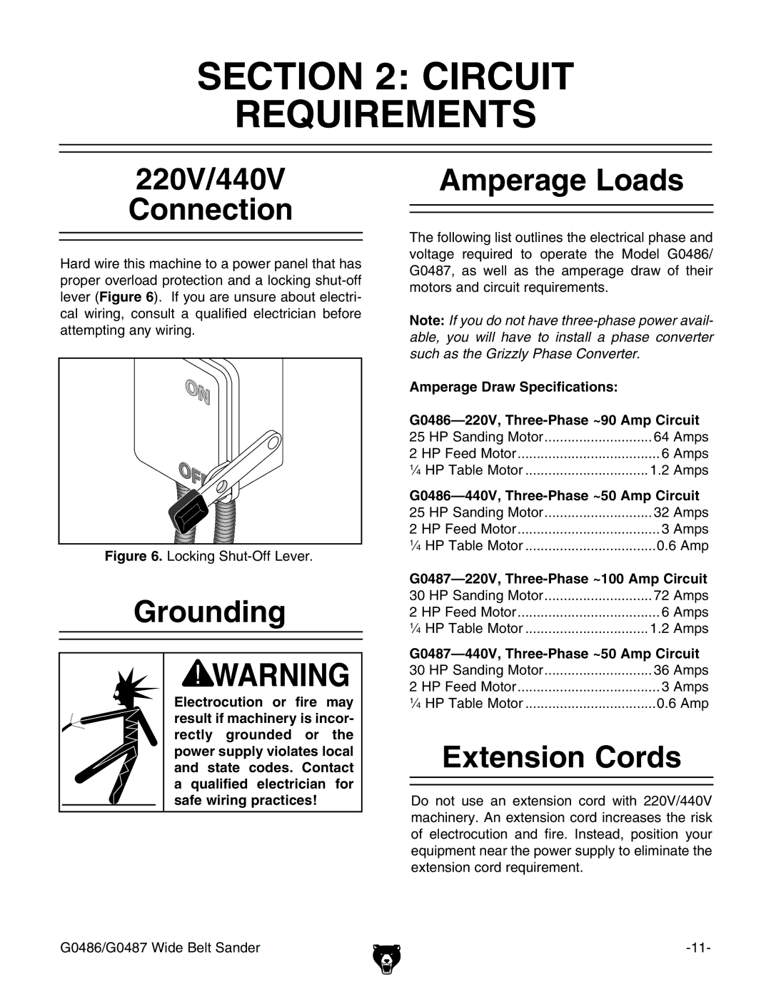 Grizzly G0486/G0487 owner manual Circuit Requirements, 220V/440V Connection, Grounding, Amperage Loads, Extension Cords 