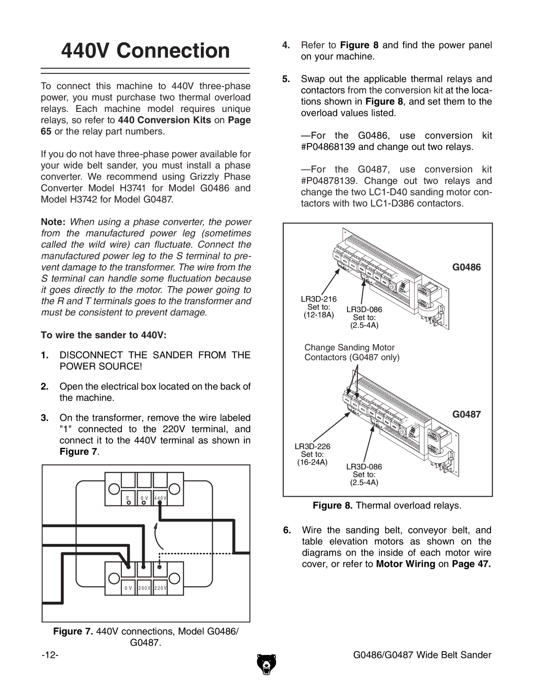 Grizzly G0486/G0487 owner manual 440V Connection, To wire the sander to 