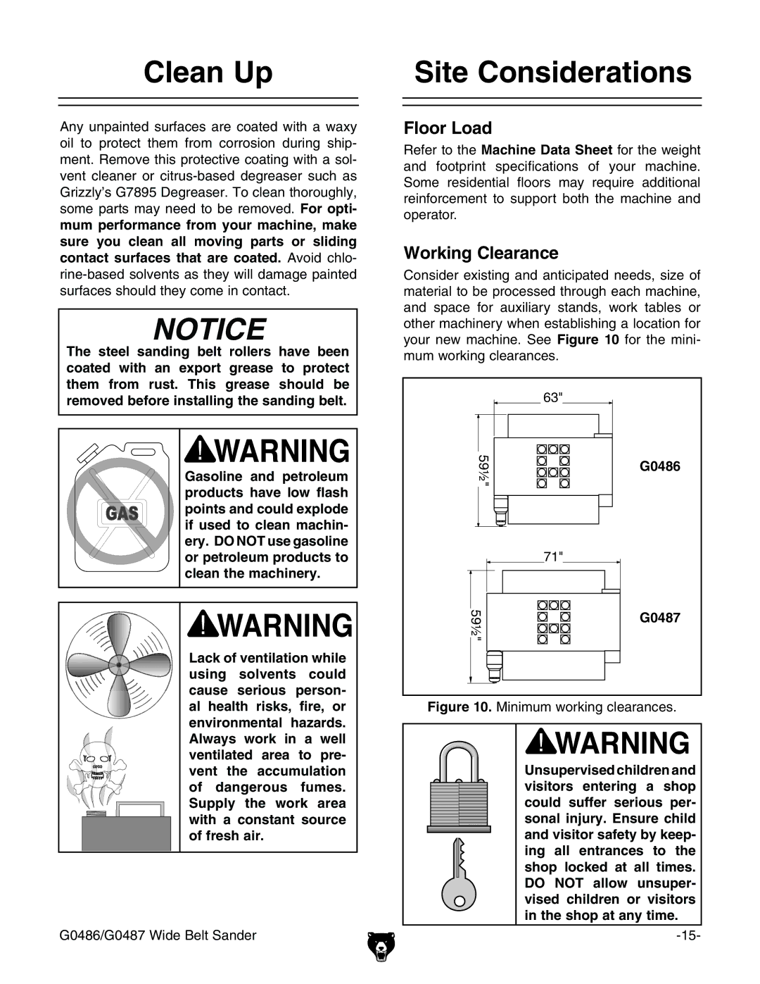 Grizzly G0486/G0487 owner manual Clean Up, Site Considerations 