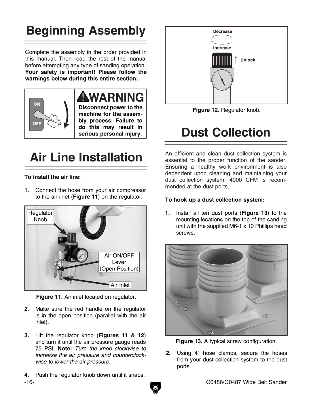 Grizzly G0486/G0487 owner manual Beginning Assembly, Dust Collection, Air Line Installation 