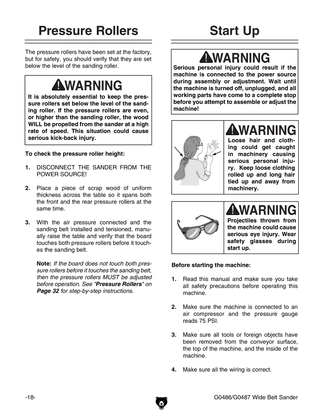 Grizzly G0486/G0487 owner manual Pressure Rollers Start Up 